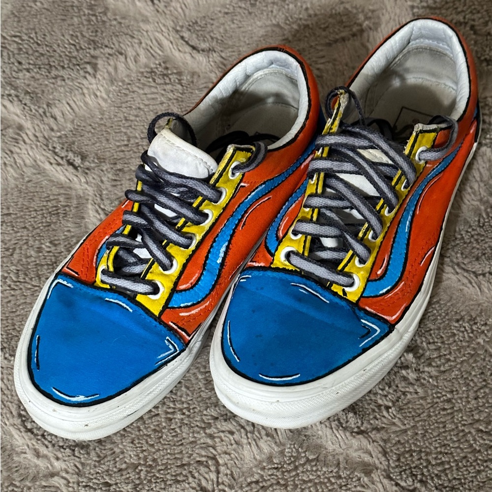 Vans Custom Cartoon Old Skool Blue/Orange Yellow Lace Up Unisex Women 7.5 Men 6